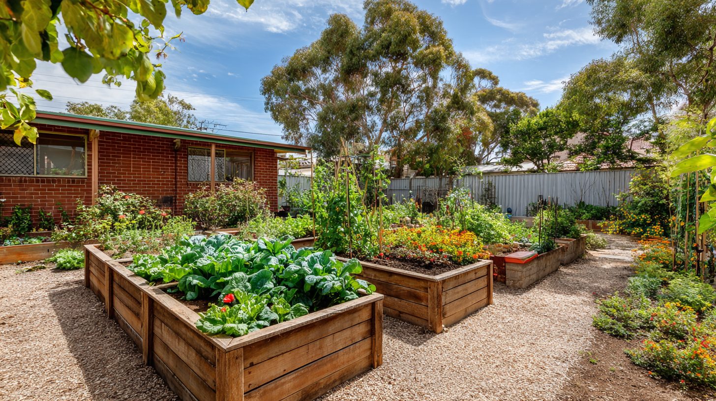 Raised beds of greens and marigolds behind a red brick Adelaide house